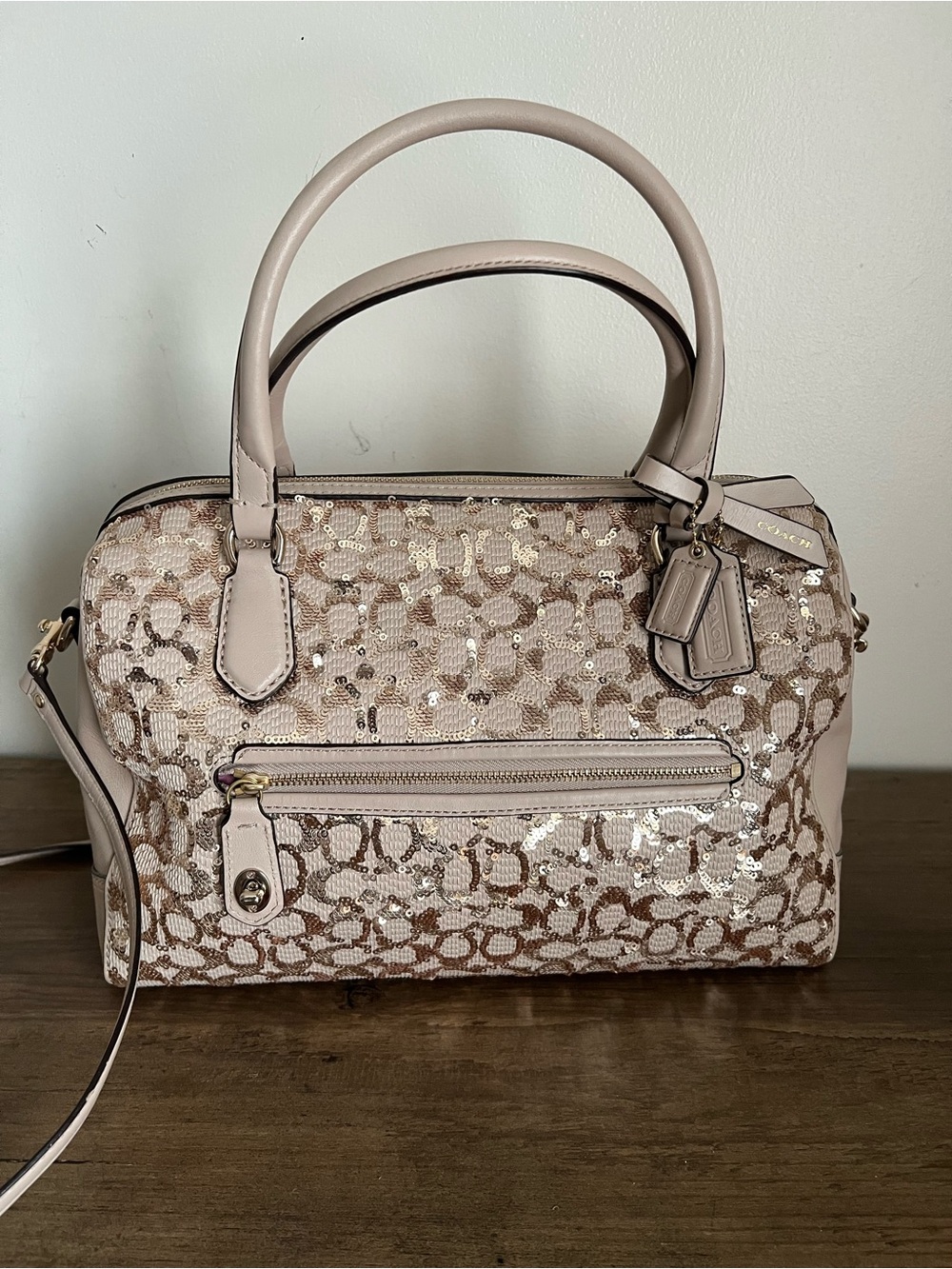 Coach Poppy East West Satchel with Sequins in Nude